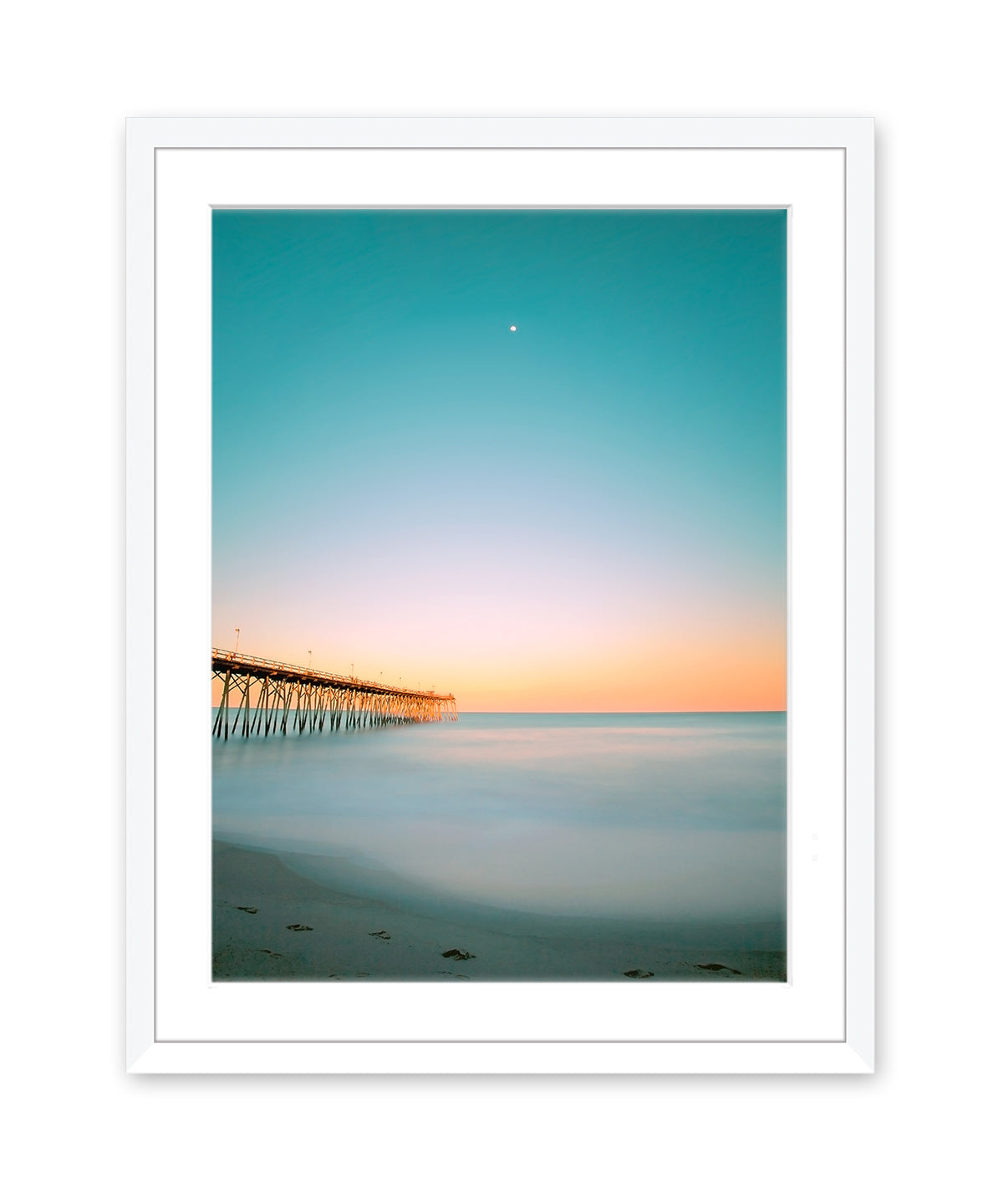 teal sunset beach photograph, white wood frame by Wright and Roam