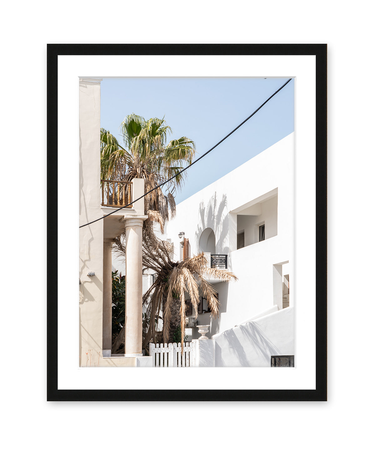 tropical travel art print. Santorini, greece photograph, black frame