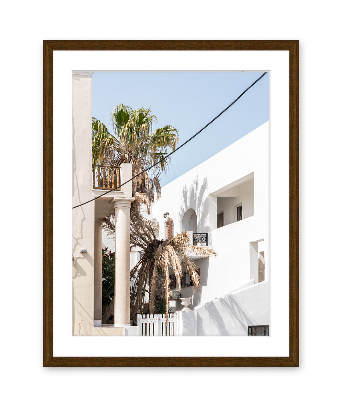 tropical travel art print. Santorini, greece photograph, dark wood frame