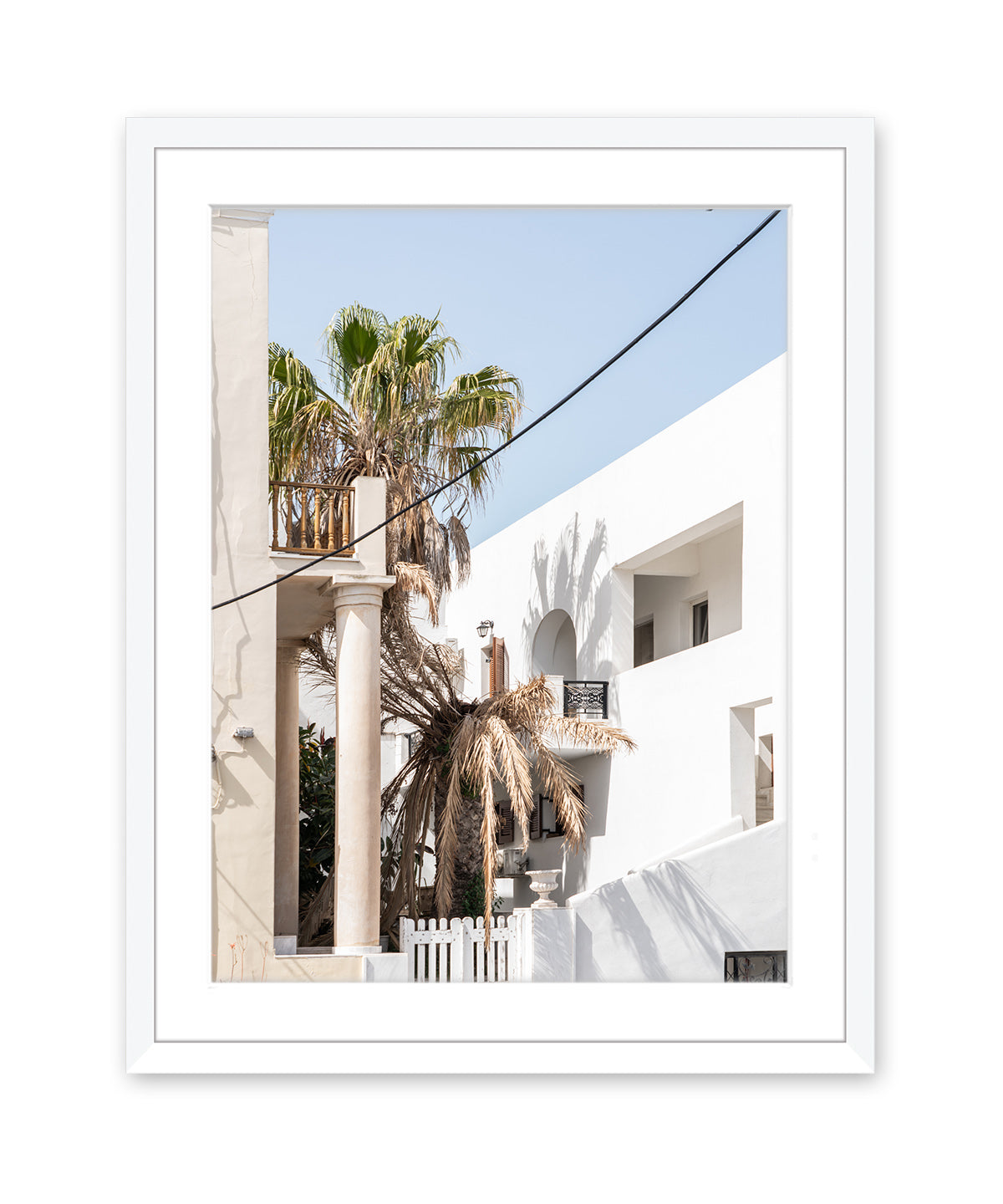 tropical travel art print. Santorini, greece photograph, white frame