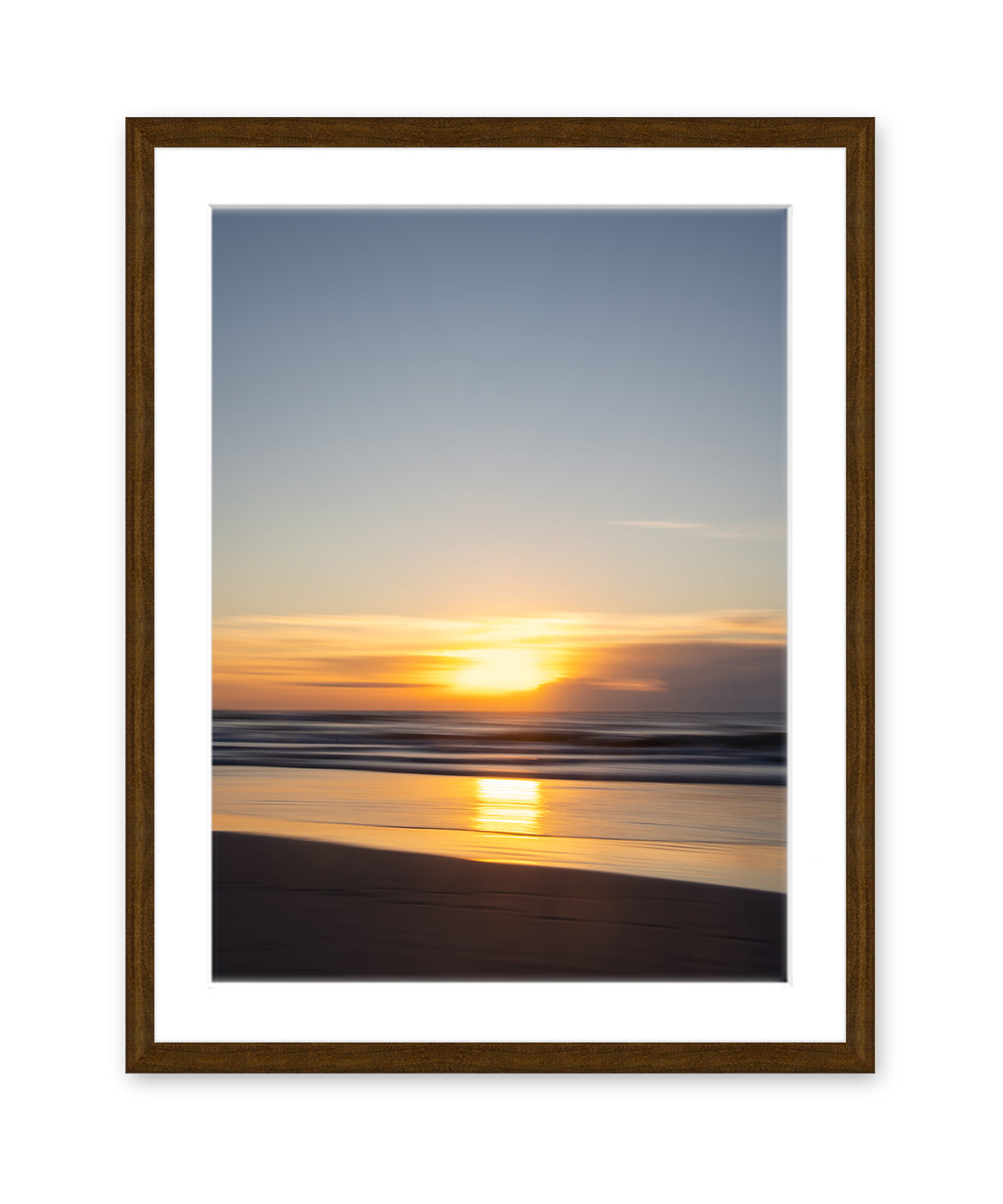 abstract warm blue sunrise beach photograph, black frame