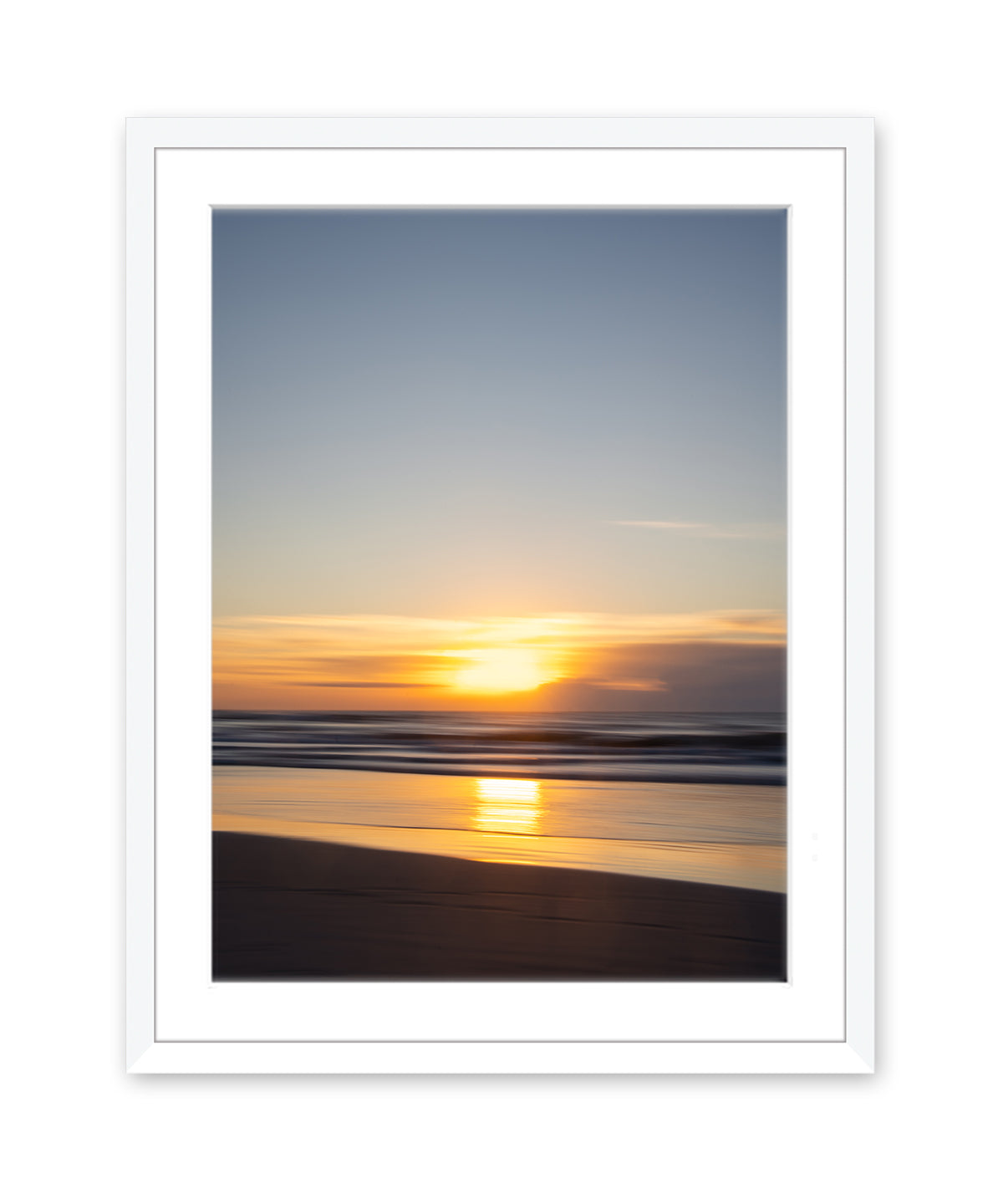 abstract warm blue sunrise beach photograph, white frame