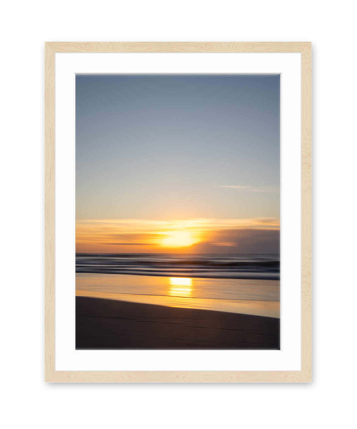 abstract warm blue sunrise beach photograph, wood frame