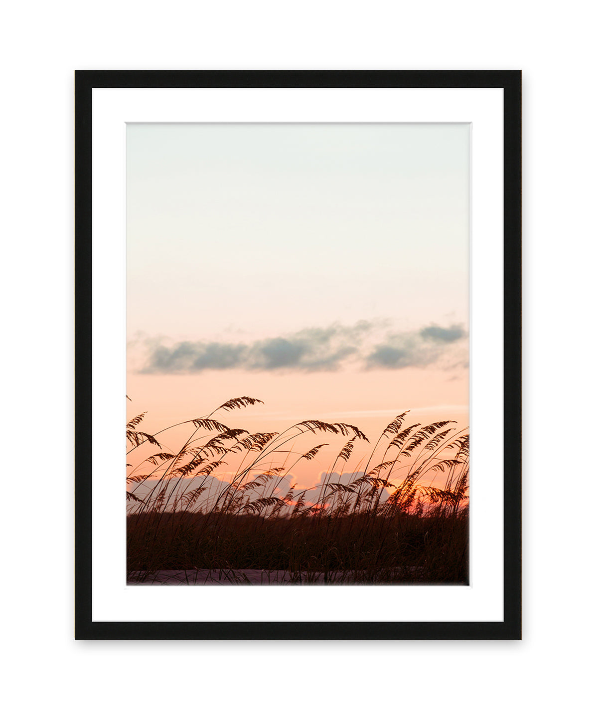 pink sunset beach print, black wood frame by Wright and Roam