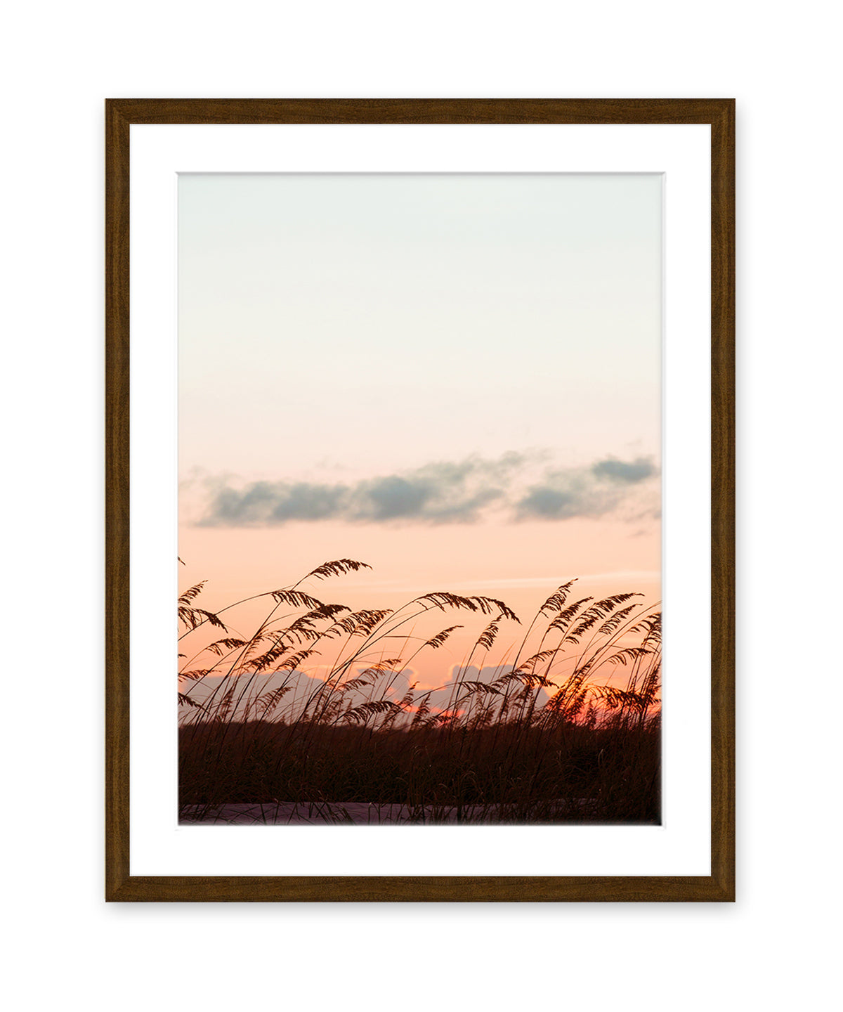 pink sunset beach print, dark wood frame by Wright and Roam