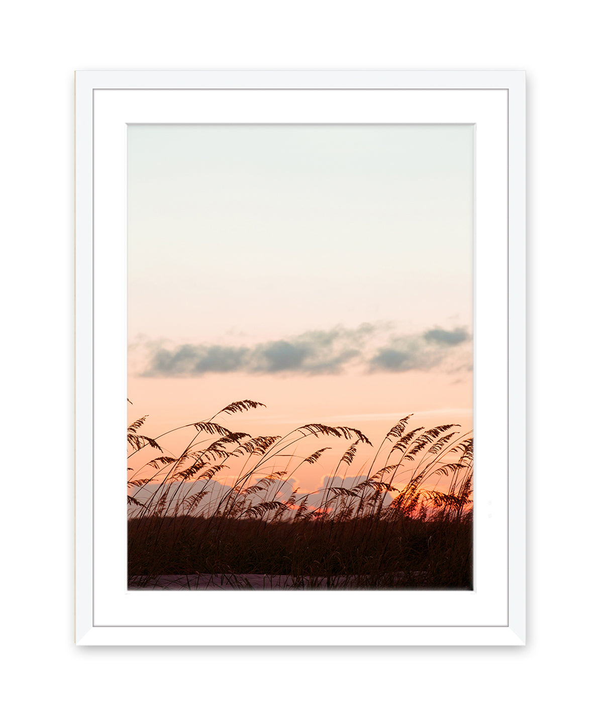 pink sunset beach print, white wood frame by Wright and Roam