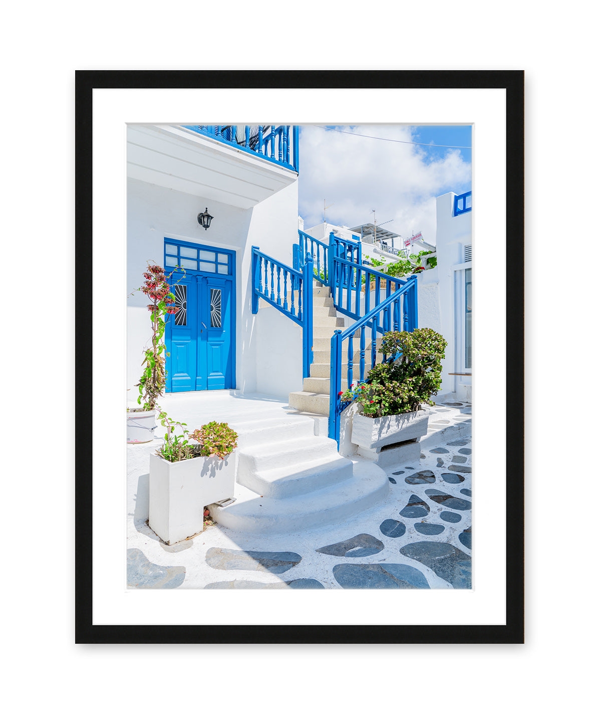 blue and white mykonos, greece photograph. Greek Islands travel print, black frame
