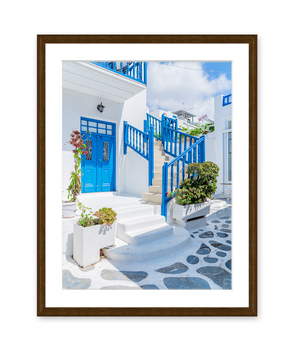 blue and white mykonos, greece photograph. Greek Islands travel print, brown frame