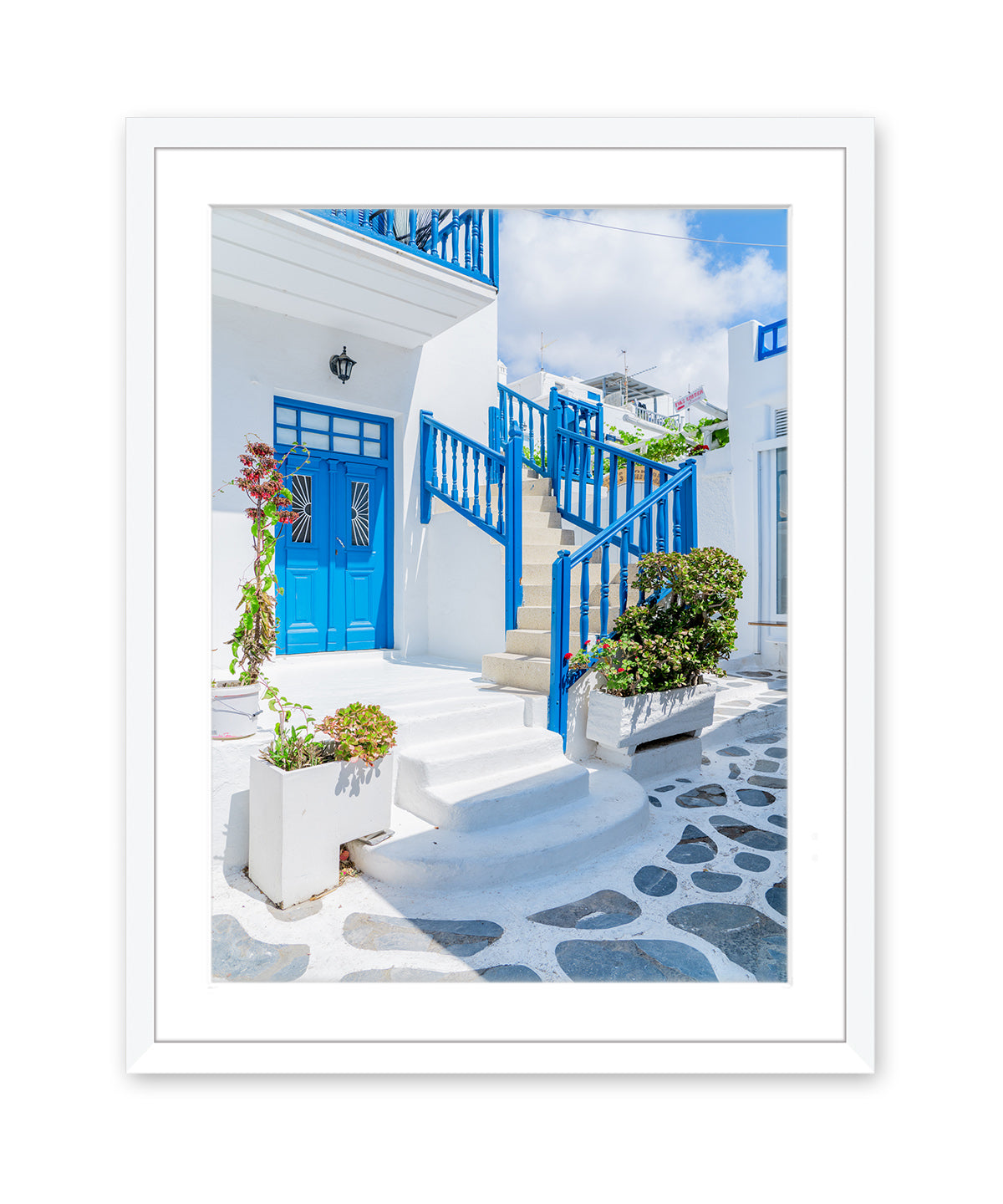 blue and white mykonos, greece photograph. Greek Islands travel print, white frame