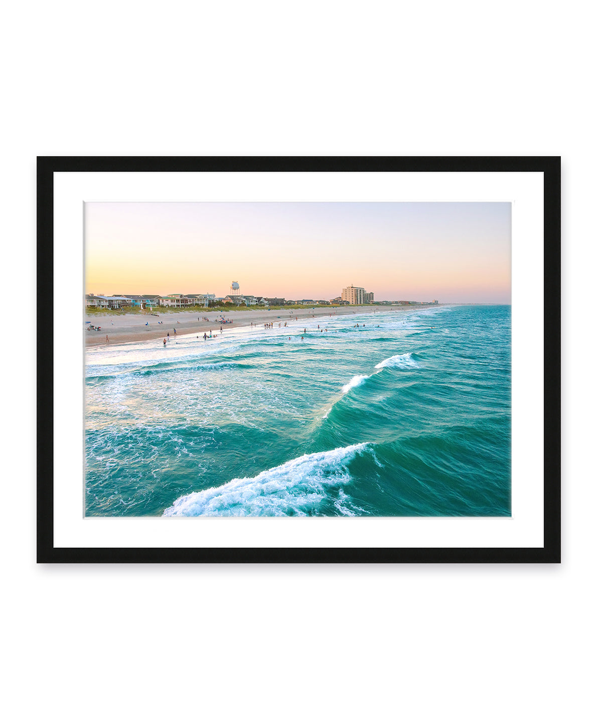 teal aerial Wrightsville beach photograph, black wood frame by Wright and Roam