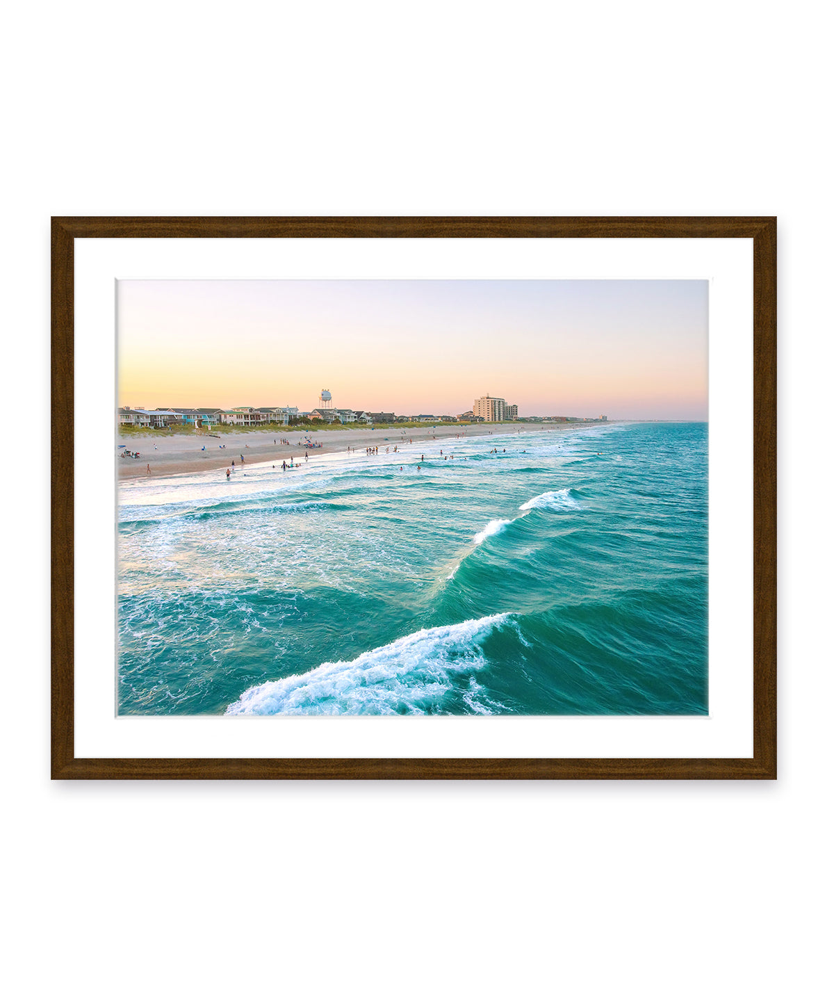 teal aerial Wrightsville beach photograph, dark wood frame by Wright and Roam