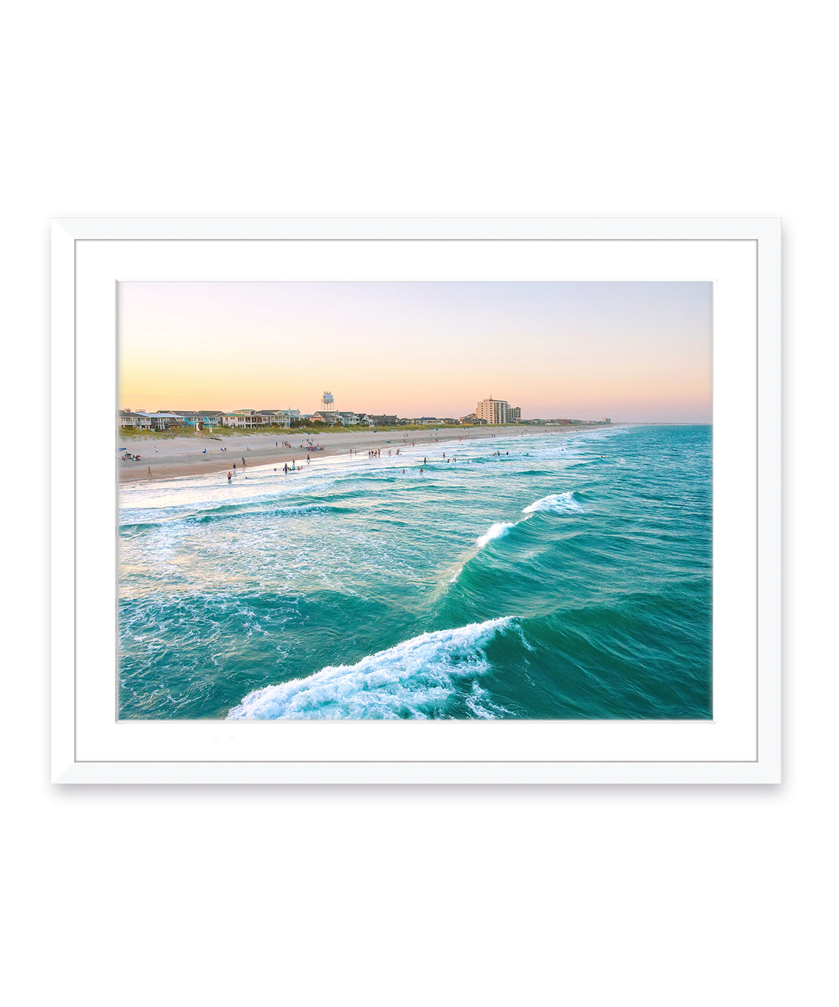 teal aerial Wrightsville beach photograph, white wood frame by Wright and Roam