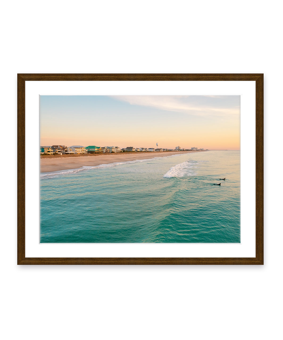 wrightsville beach aerial ocean photograph, dark wood frame