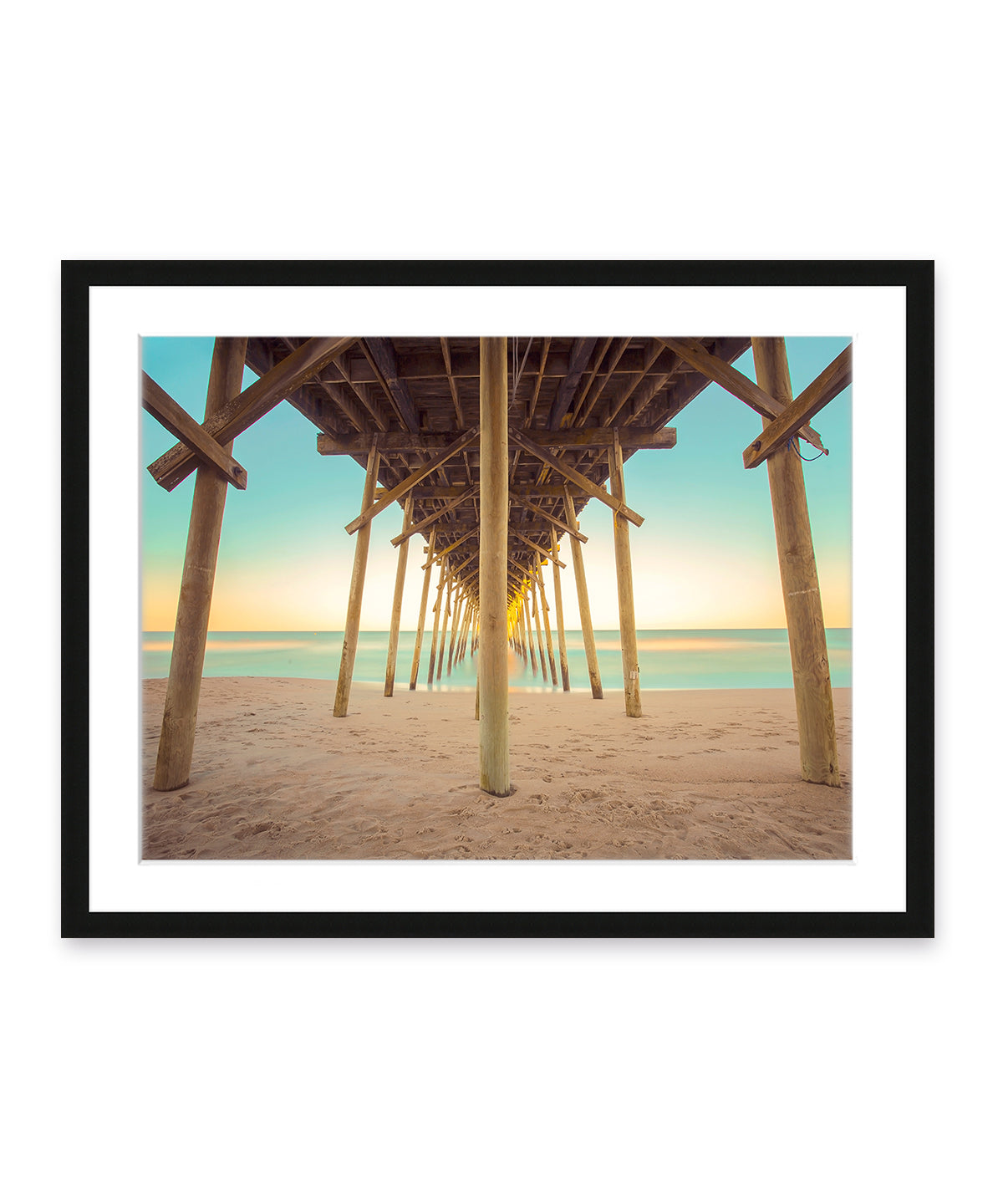 colorful pier blue and yellow sunset Carolina beach photograph, black wood frame by Wright and Roam