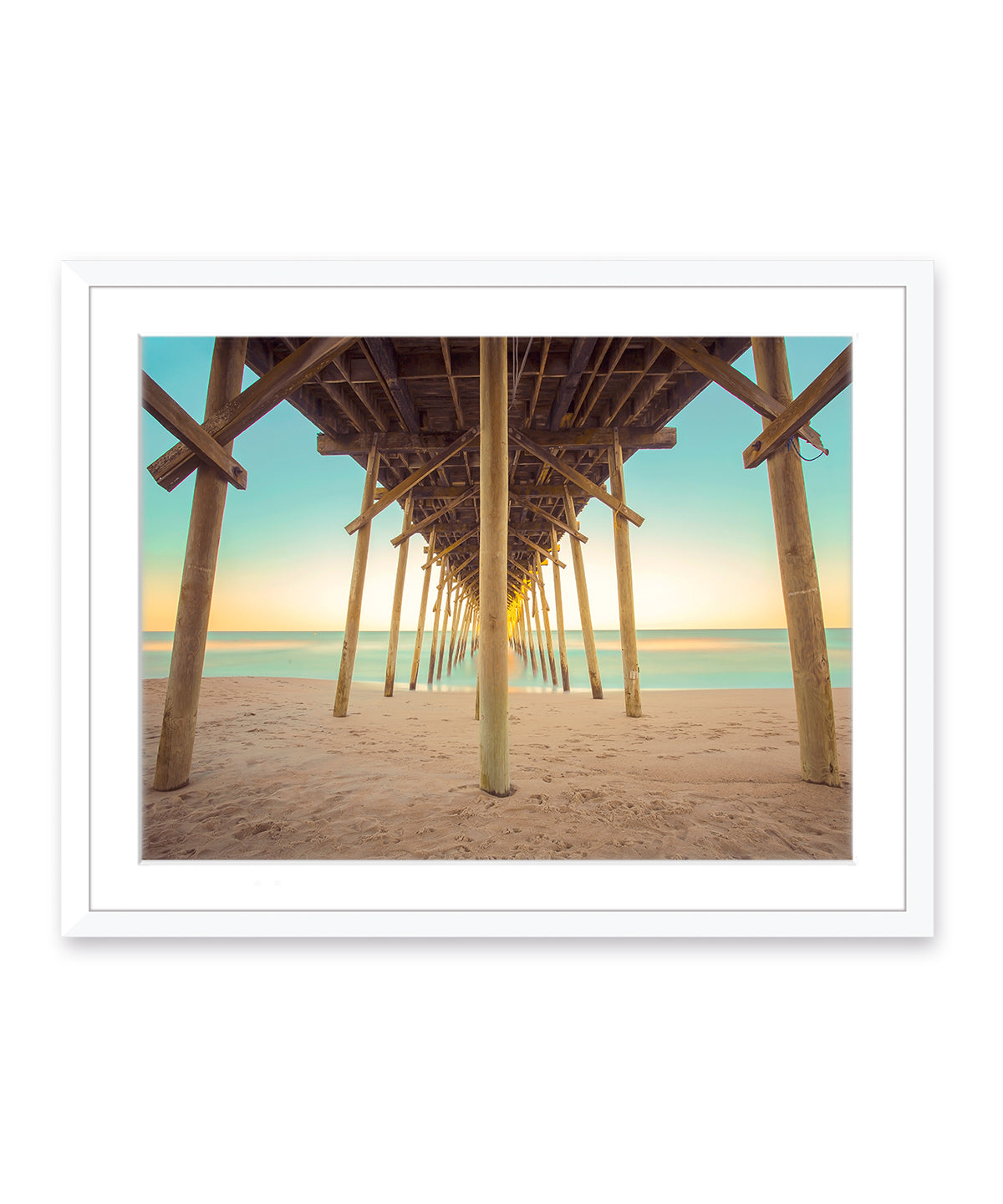 colorful pier blue and yellow sunset Carolina beach photograph, white wood frame by Wright and Roam