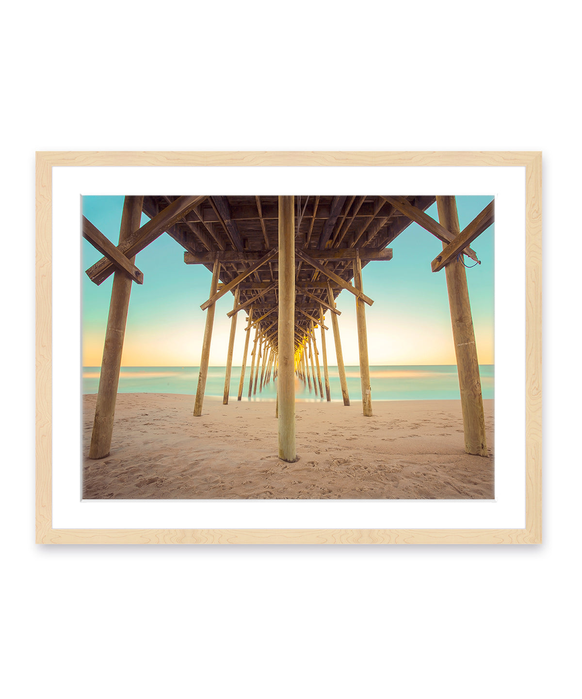 colorful pier blue and yellow sunset Carolina beach photograph, natural wood frame by Wright and Roam