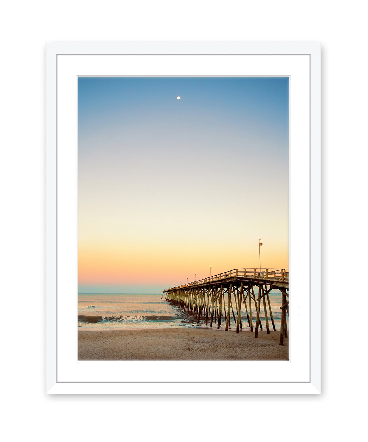 Kure Beach Pier, Warm Beach Sunset, Wright and Roam, White Frame