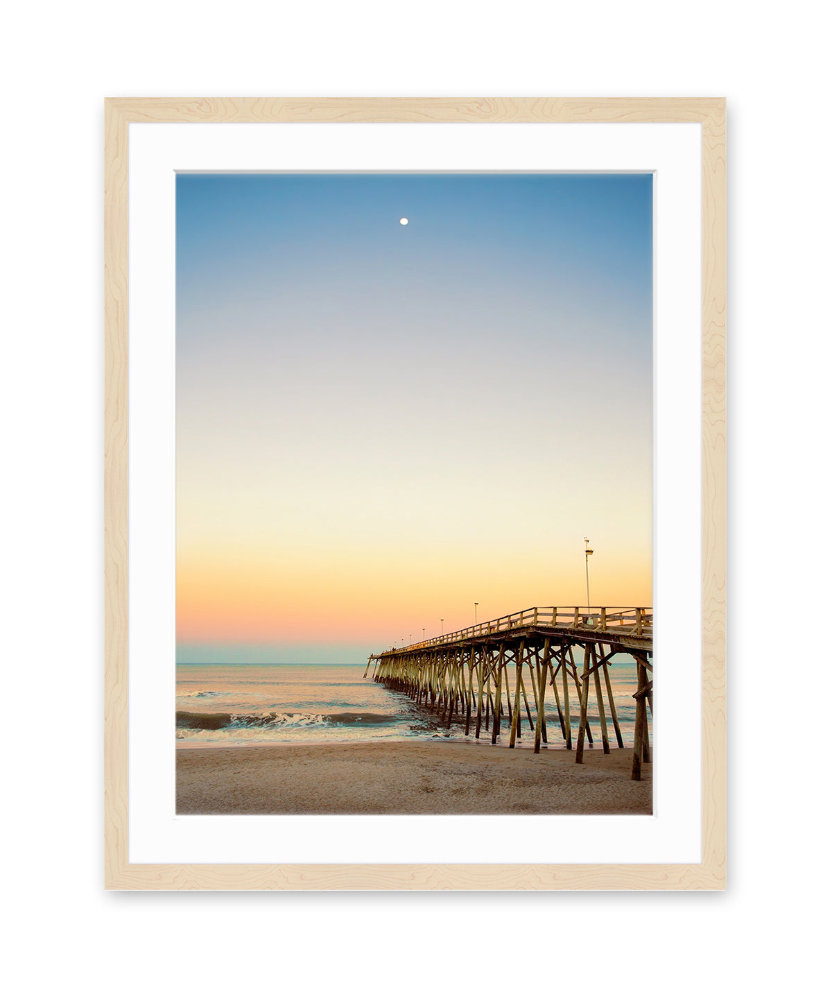 Kure Beach Pier, Warm Beach Sunset, Wright and Roam, Natural Wood Frame