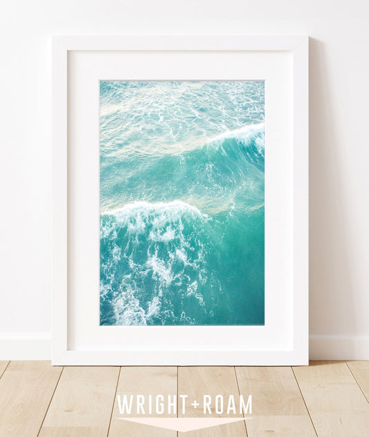 aqua blue aerial photograph ocean waves, wright and roam