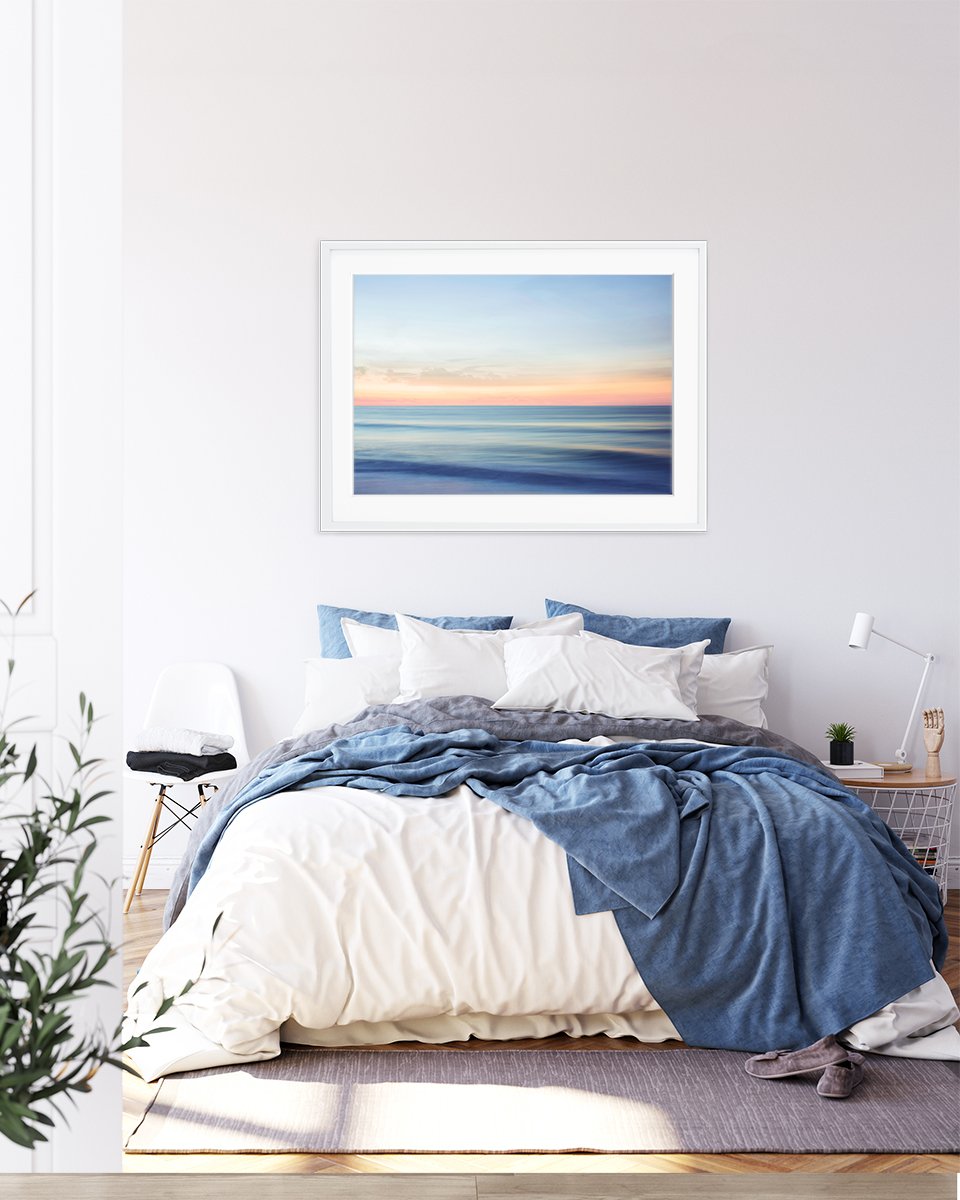 blue bedroom decor featuring indigo blue abstract ocean waves photograph by Wright and Roam