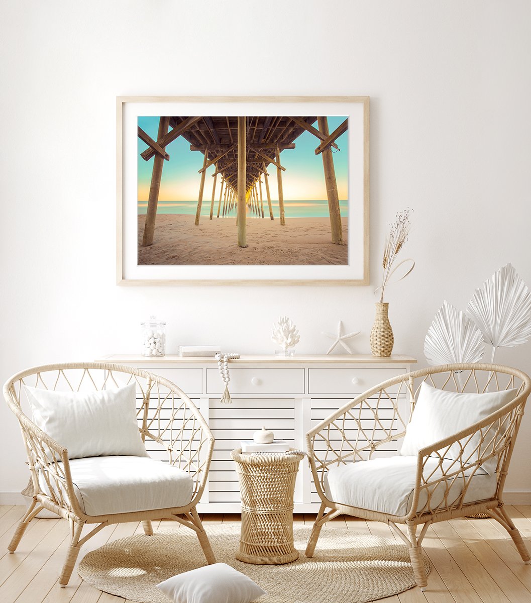 boho coastal decor featuring colorful blue and yellow sunset pier beach photograph by Wright and Roam
