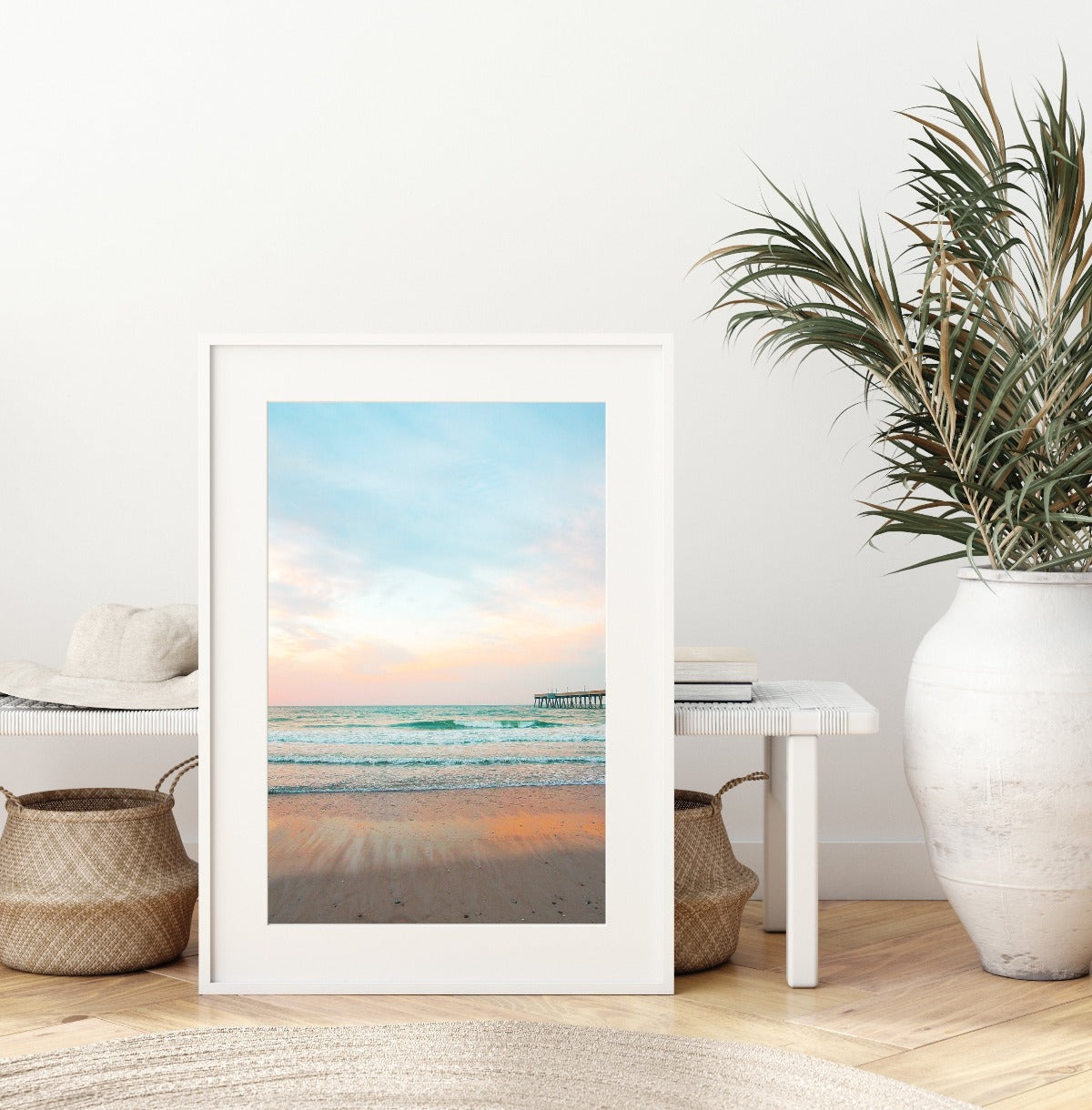 boho surf shack decor, blue beach photograph