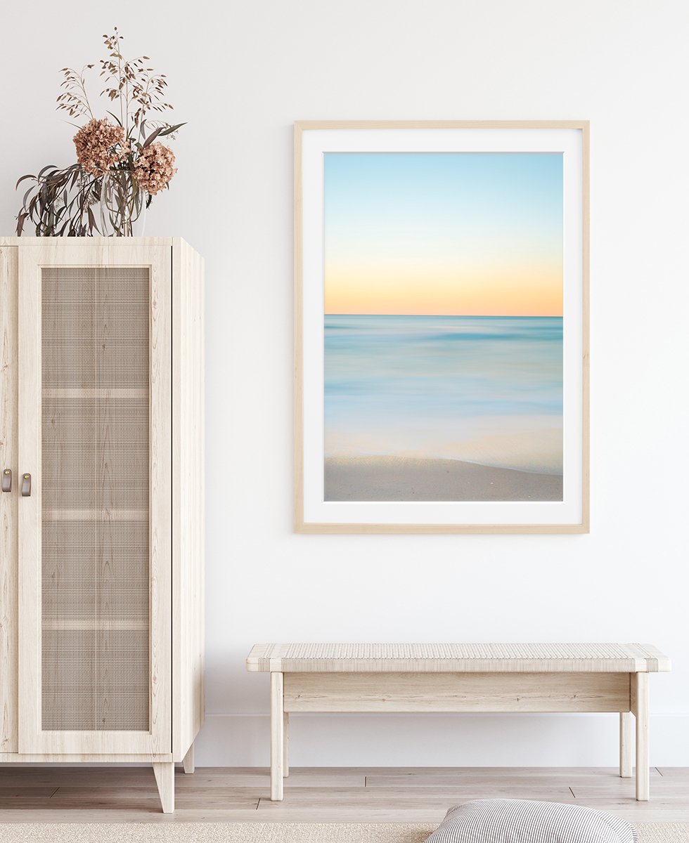 boho coastal decor, minimal blue beach print