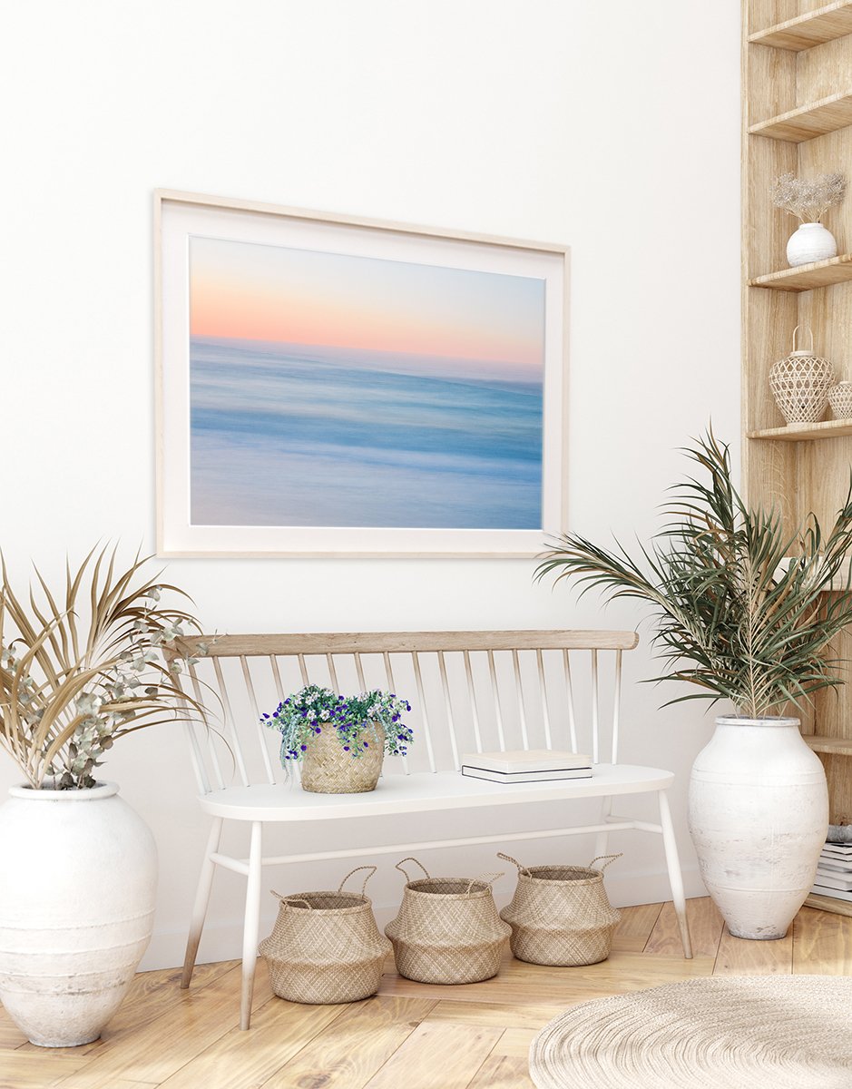 boho coastal entryway decor, blue abstract minimal waves photograph by Wright and Roam