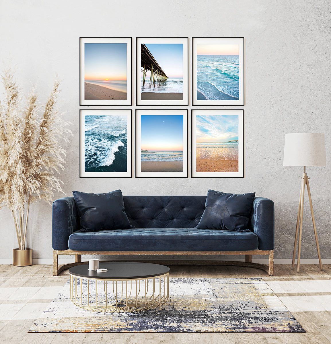 Boho eclectic living room decor, gallery wall, set of six blue beach prints