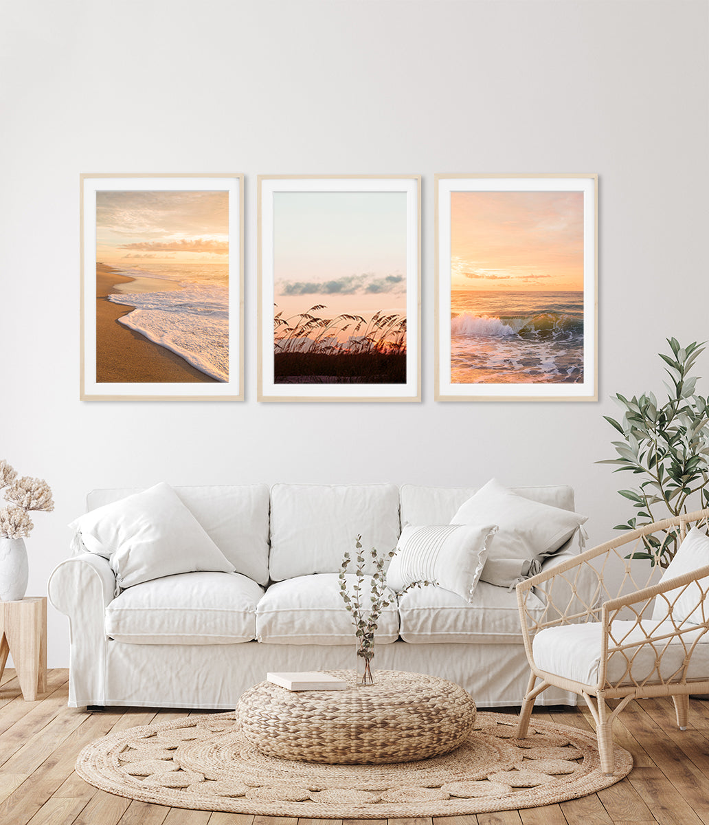 boho coastal living room decor, set of 3 sunset beach photographs by Wright and Roam