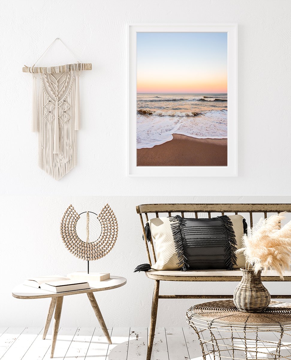 boho surf shack decor, warm sunset beach photograph