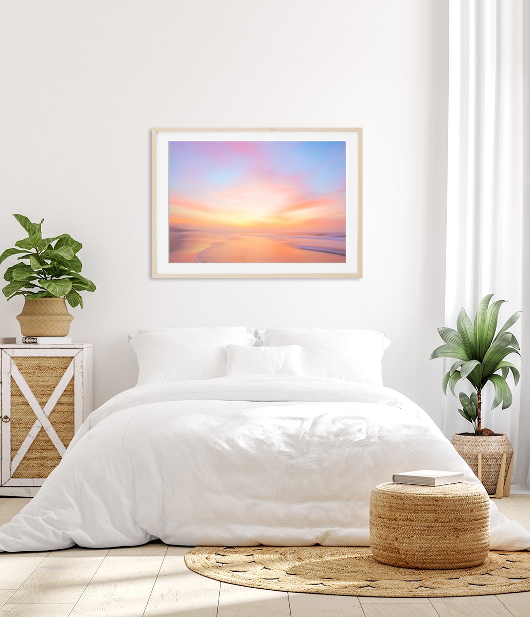 bright white bedroom decor, abstract colorful sunrise beach photograph by Wright and Roam