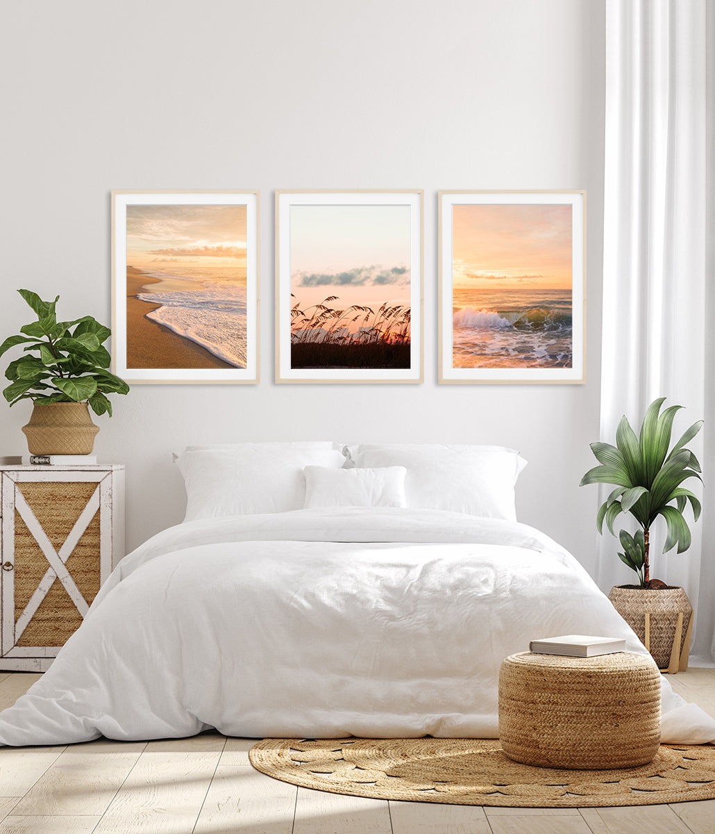 bright white bedroom decor set of 3 sunset beach photographs by Wright and Roam