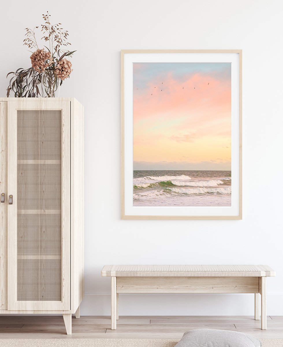 Boho Entryway Decor, Sunset Waves Beach Photograph by Wright and Roam