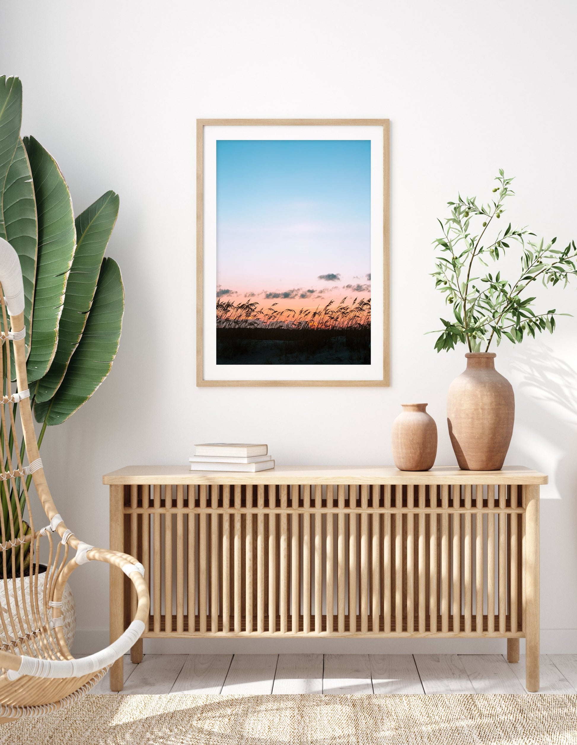 boho surf shack decor, blue sunset beach photograph framed