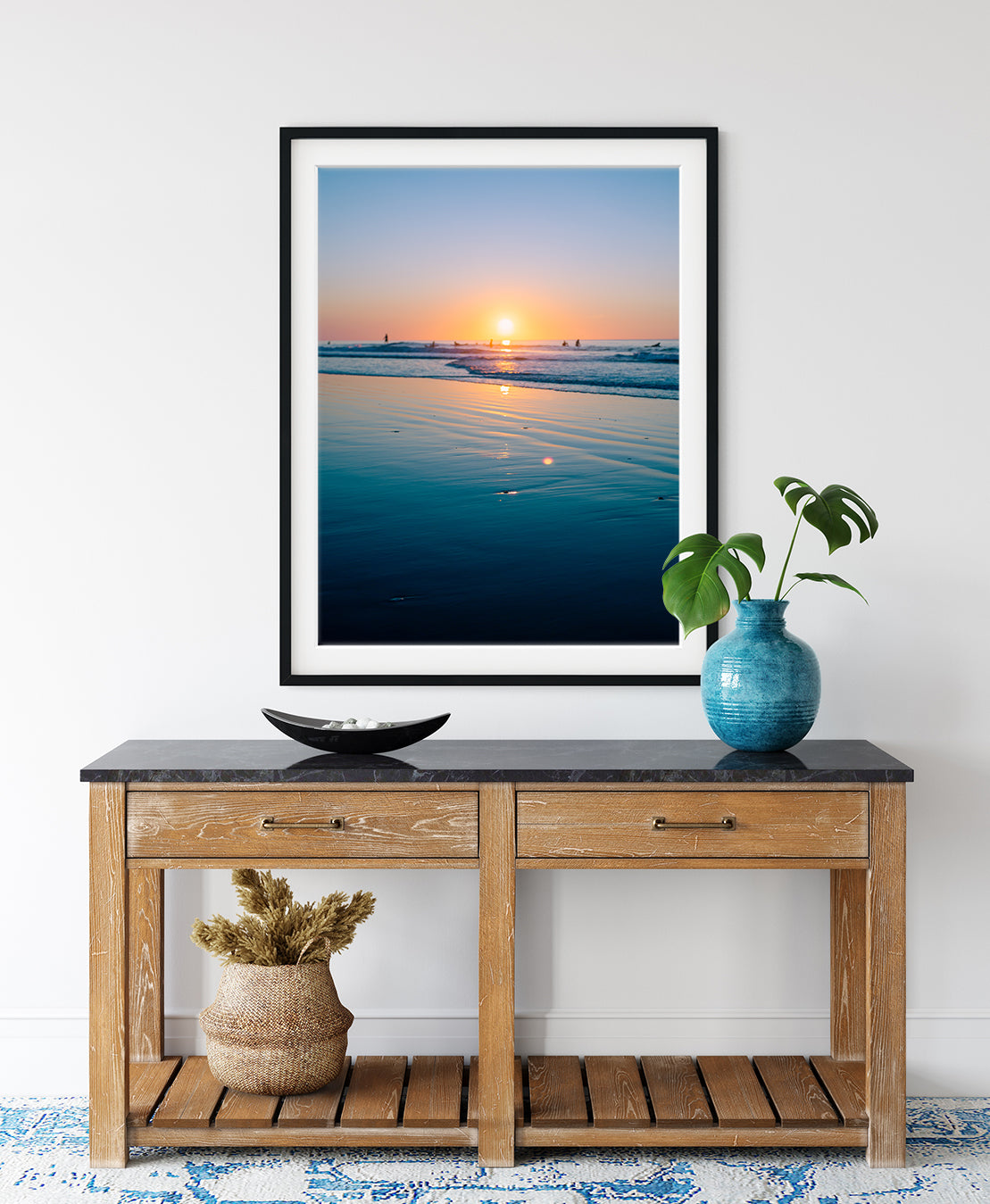 coastal entryway decor, colorful blue beach photograph