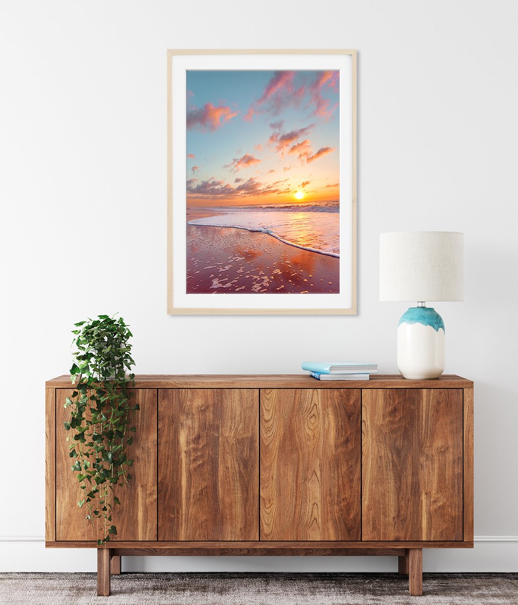 Modern Coastal Entryway Decor, Colorful Sunset Beach Photograph