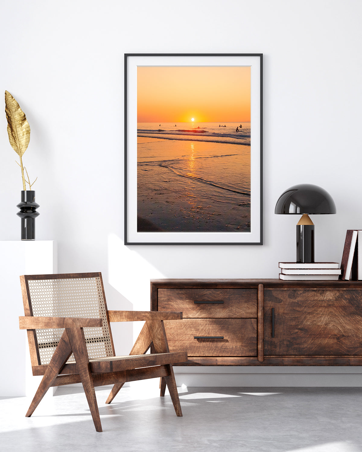 modern living room, large golden wall art