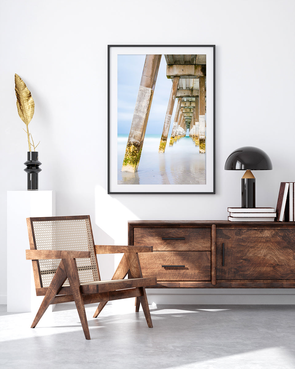 mid-century modern decor, blue pier beach photograph framed