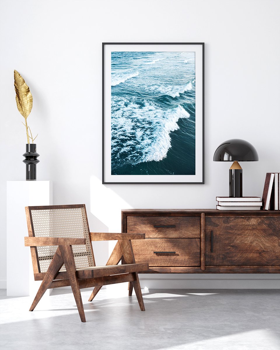 modern living room decor, indigo blue ocean waves art print