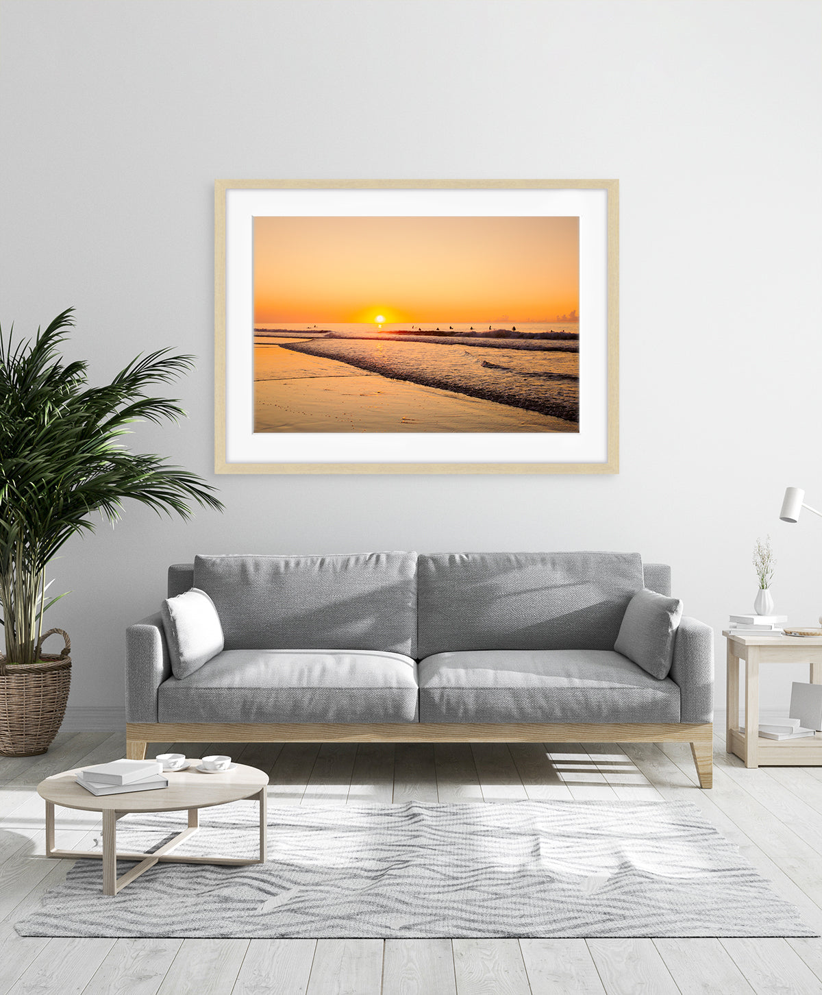 modern living room decor, large sunrise beach art