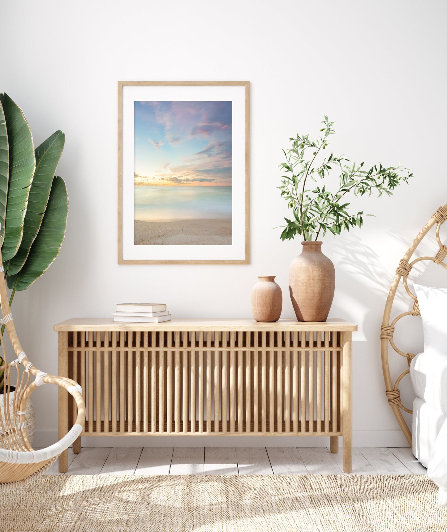 boho surf shack decor with framed blue beach photograph