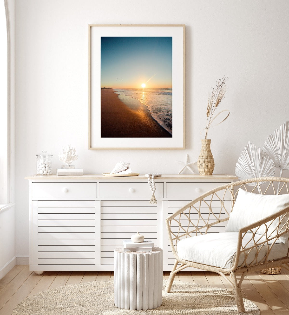 Coastal bedroom decor sunrise beach photograph by Wright and Roam
