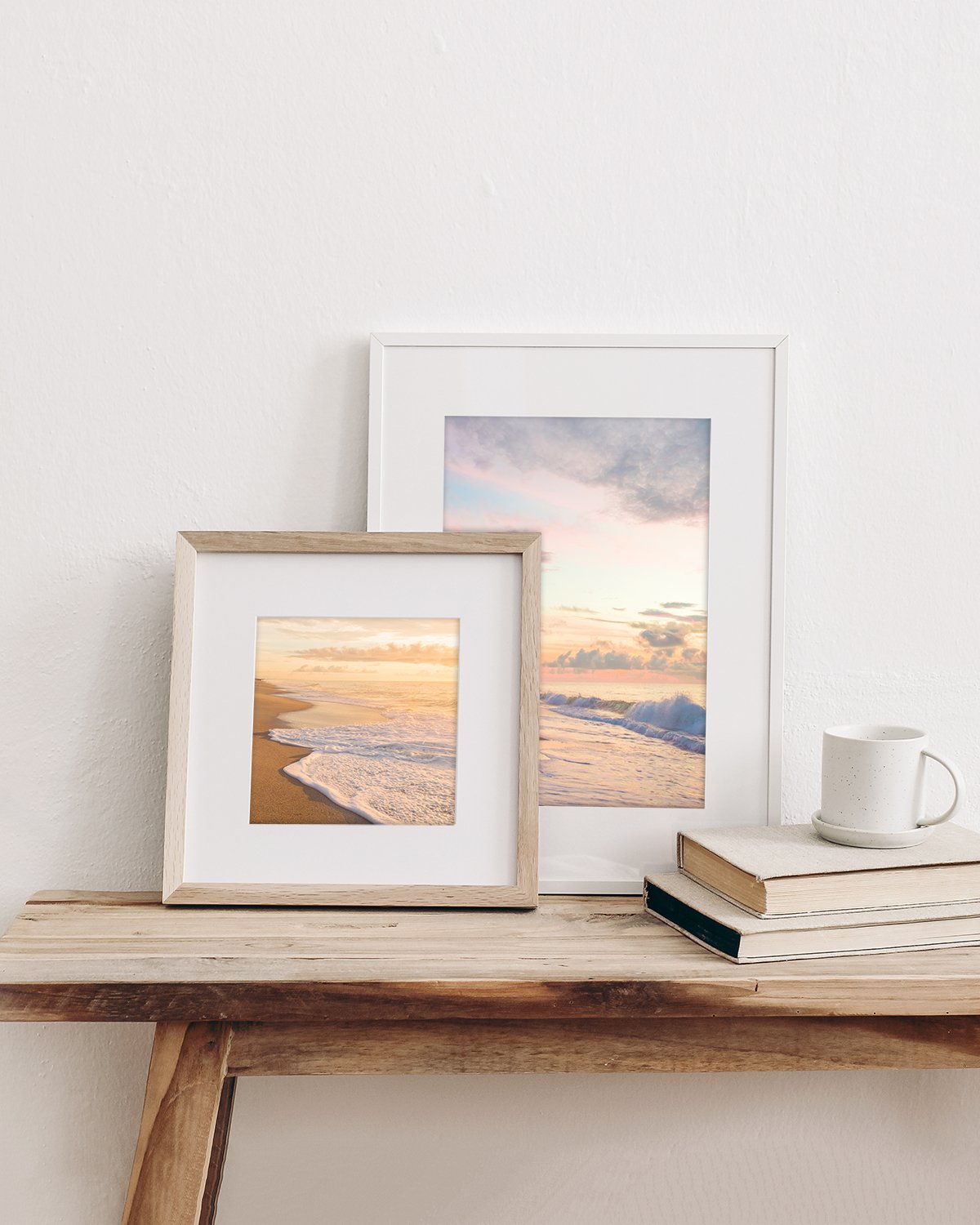 boho surf shack decor with framed sunrise beach print