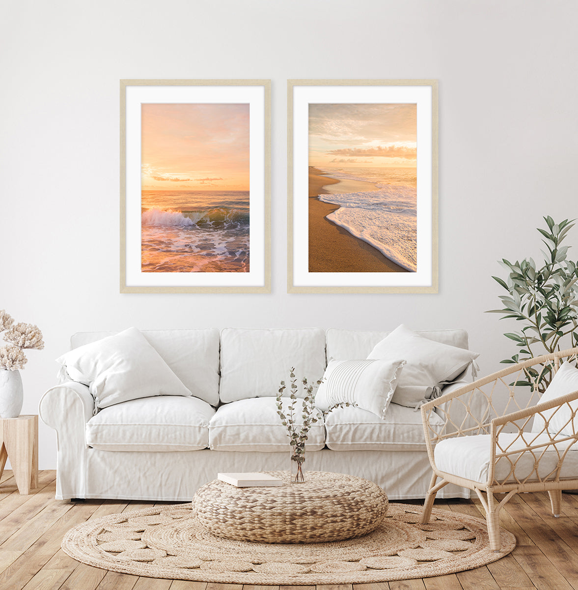 boho coastal living room decor, two golden sunset beach photographs