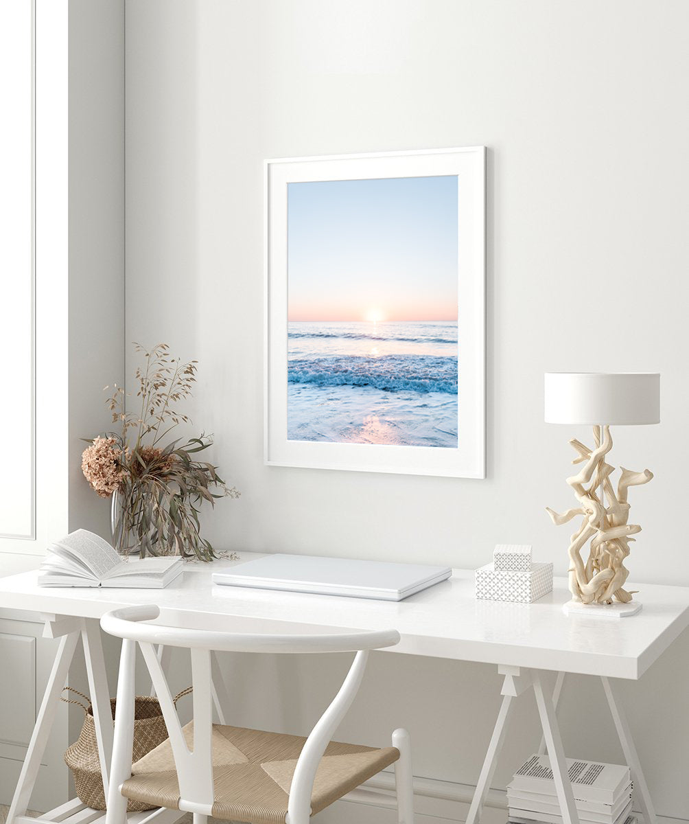 White Desk Office Decor, Blue Beach Photograph Wright and Roam