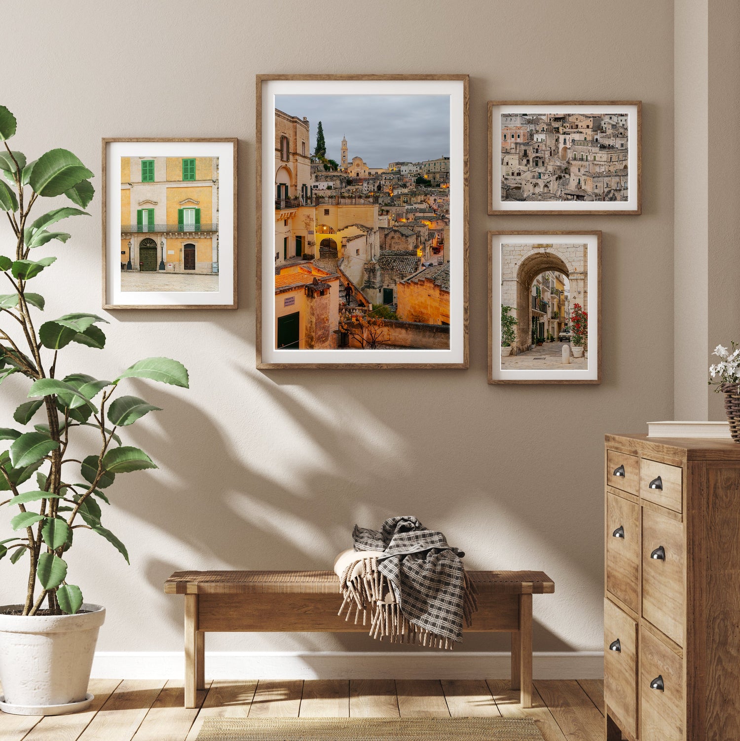 old world decor featuring gallery wall of framed italy photographs