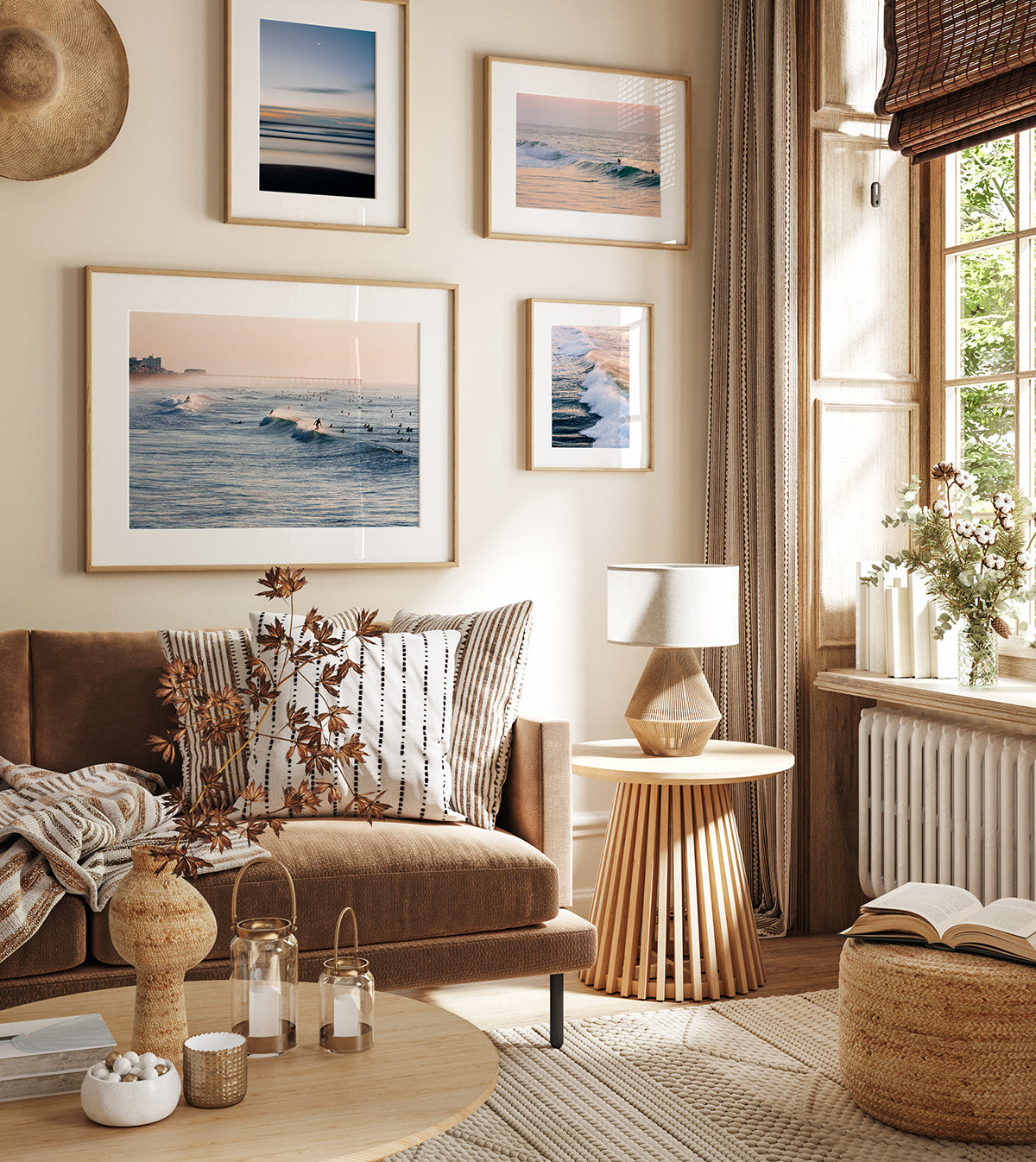 warm coastal living room decor featuring framed beach and surf photographs