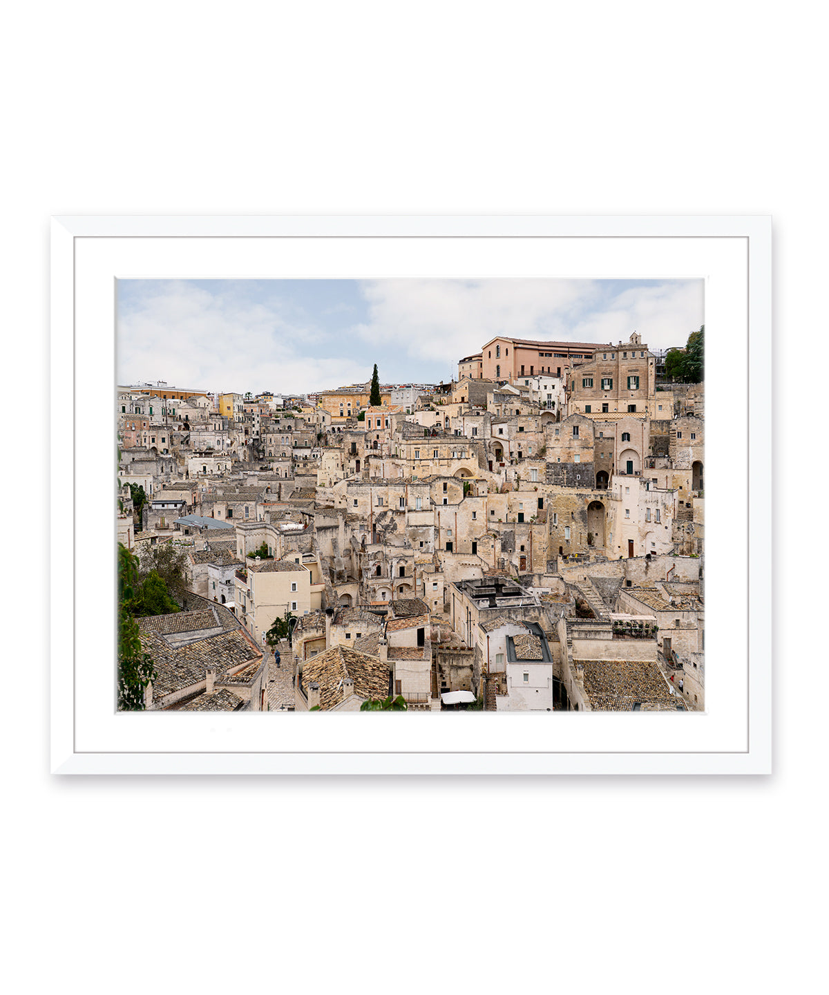 fine art Italy photograph featuring the historic Italian streets of Matera in a white wood frame.