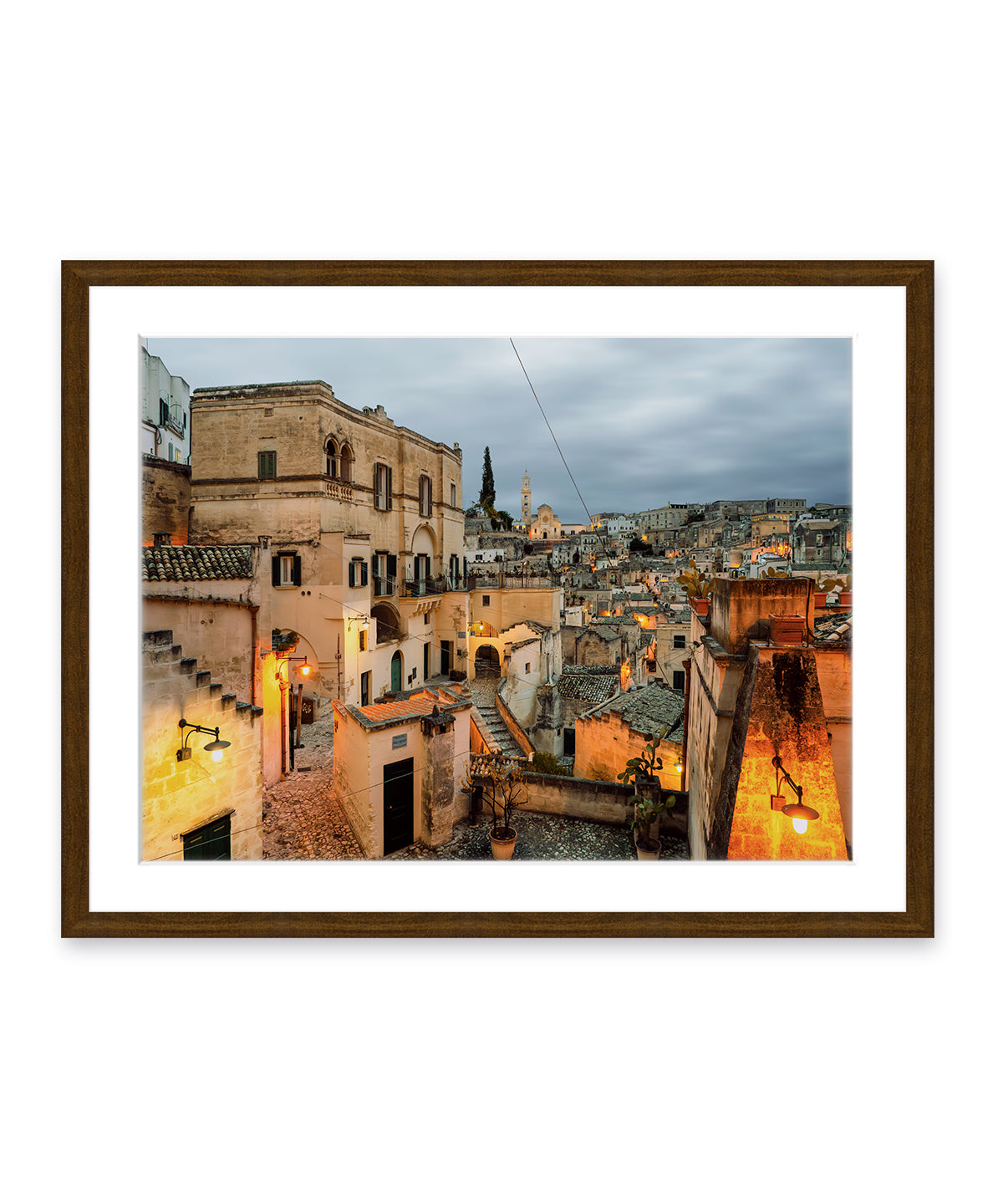 Fine Art Italy Photograph feautring Matera, Italy at twilight with it's historic architecture glowing by the golden streetlights